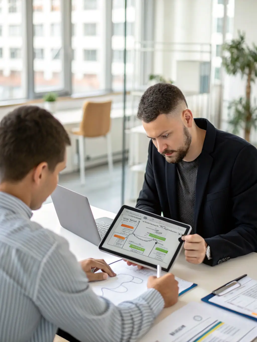 A consultant reviewing a detailed organization chart with a client, identifying areas for improvement and optimization.