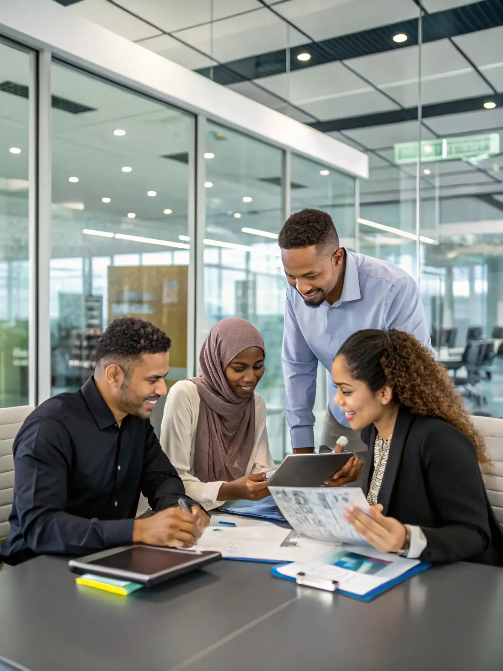 A group of employees actively participating in a 'Town Hall' workshop, engaging in discussions and problem-solving activities.
